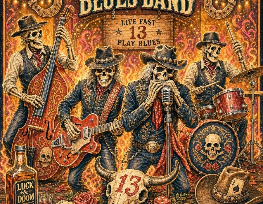 The Dead Mans Hand illustrated as a skeleton blues band against flames